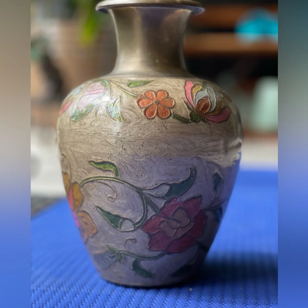 Brass Vase Painted Cloissan Floral Unbranded 9
